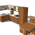 Wooden Kitchen Interior With Functional Cabinets Sink Stove And Microwave