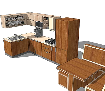 Wooden Kitchen Interior With Functional Cabinets Sink Stove And Microwave 3d model