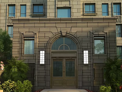 Classical Building Exterior Wall With Arched Doorway Double Doors Stone Material And Green Plants 3d model