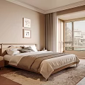 Cozy Neutral Bedroom With Wooden Bed Frame Wall Art White Gray Bedding And Large Window