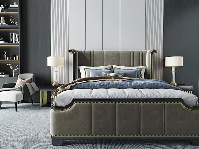 Modern Luxury Double Bed With Upholstered Headboard Soft Bedding And Side Tables With Lamps 3d model