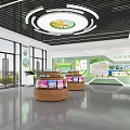 Bright Modern Exhibition Space Featuring Circular Display Counters And Informative Green Panels 3d model