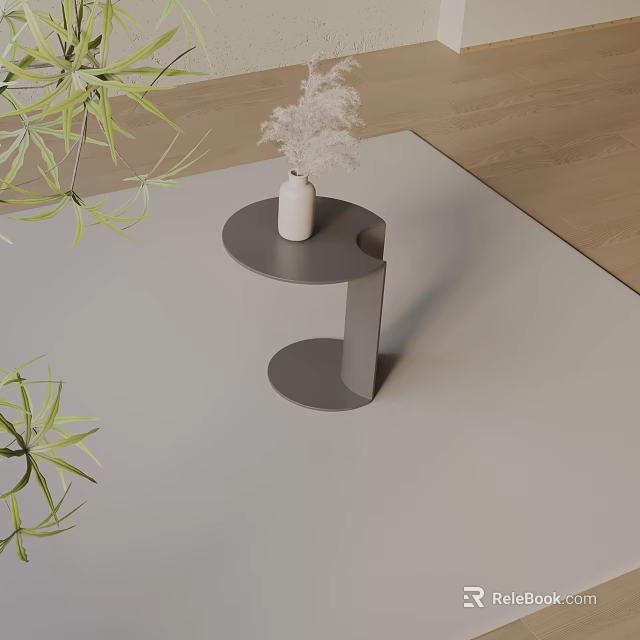 Modern Gray Side Table With Curved Base White Vase Dried Flowers Green Plants 3d model 
