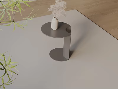 Modern Gray Side Table With Curved Base White Vase Dried Flowers Green Plants 3d model