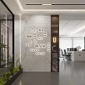 Modern Office Reception Desk Interior Design With Marble Wall Greenery And Company Logo
