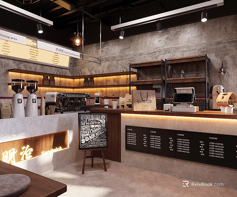 Modern Café Interior With Displayed Artwork Menu Coffee Machines Shelves And Cash Register 3d model 