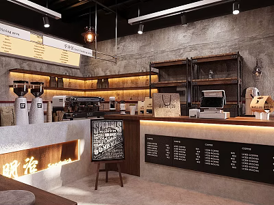 Modern Café Interior With Displayed Artwork Menu Coffee Machines Shelves And Cash Register 3d model