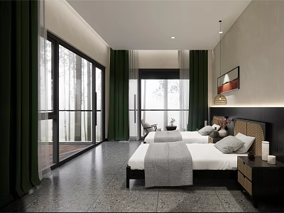 Spacious Hotel Guest Room With Two Beds Green Curtains Large Windows And Concrete Floor 3d model