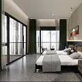 Spacious Hotel Guest Room With Two Beds Green Curtains Large Windows And Concrete Floor