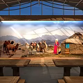 Traditional Cultural Exhibition Indoor Space With Wooden Tables Wall Photos And Murals