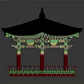 Traditional East Asian Pavilion Architecture With Black Roof Red Columns And Colorful Carvings
