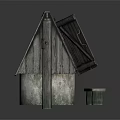 Vintage Rustic Wooden Structure With Sloped Roof And Small Wooden Stool