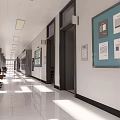 Modern Office Hallway With Gray Walls Seats Ceiling Lights And Tile Floor