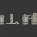 Industrial Equipment Setup Featuring Cylindrical Tanks Square Structures And Connecting Pipes