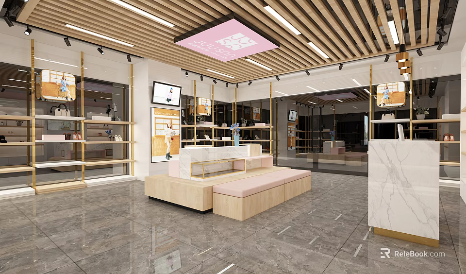 Modern Specialty Store Interior With Wooden Display Shelves Marble Counter And Seating Area 3d model 