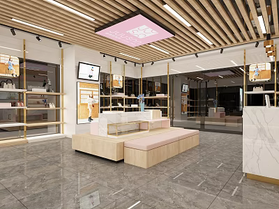 Modern Specialty Store Interior With Wooden Display Shelves Marble Counter And Seating Area 3d model