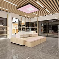 Modern Specialty Store Interior With Wooden Display Shelves Marble Counter And Seating Area