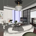 Modern Living Dining Room Interior Design With Sofa Dining Table Chandelier And Decorative Plants
