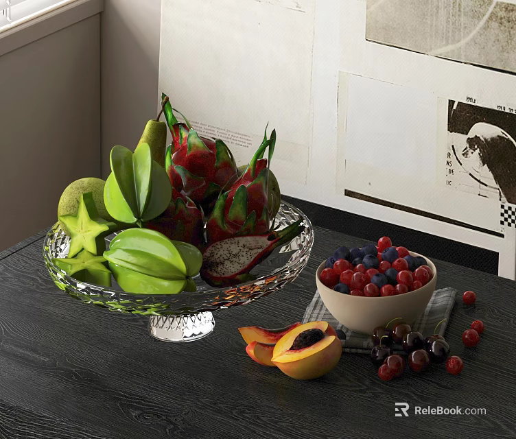 Fresh Assorted Fruits in Glass Bowl with Starfruit Dragon Fruit Cranberries Blueberries Peach and Grapes 3d model 