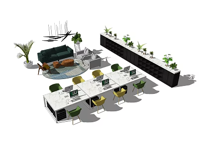 Modern Office Desk Interior Design With Yellow Chairs Computers And Potted Plants 3d model