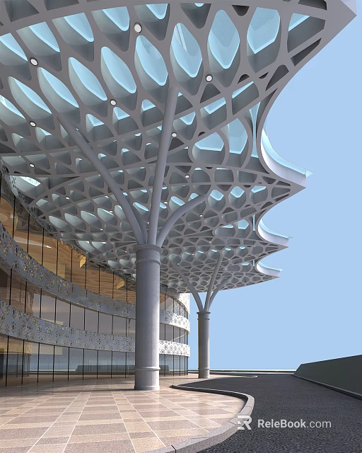 Modern Sunshade Structure With Geometric Hollowed Design Supporting Pillars Front Of Glass Curtain Wall 3d model 