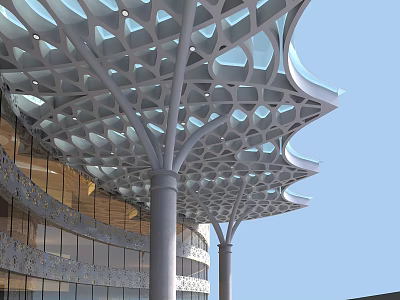 Modern Sunshade Structure With Geometric Hollowed Design Supporting Pillars Front Of Glass Curtain Wall 3d model