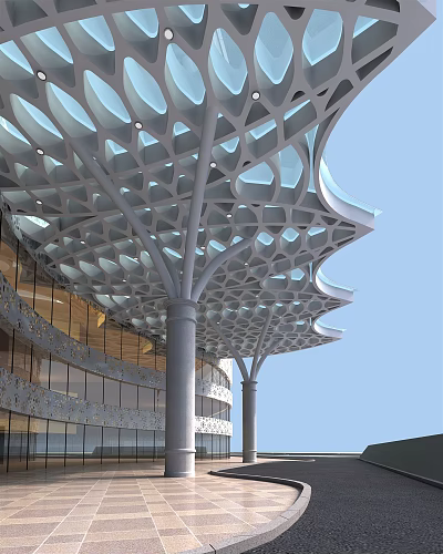 Modern Sunshade Structure With Geometric Hollowed Design Supporting Pillars Front Of Glass Curtain Wall 3d model