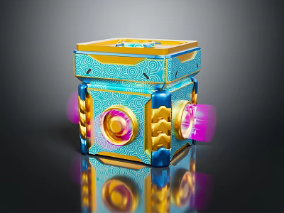 Ornate Decorative Cube Structure With Intricate Blue Gold Patterns And Glowing Purple Light 3d model