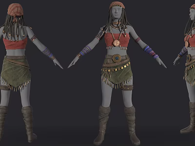 Traditional Ethnic Clothing With Red Top Green Skirt Fringed Belt Colorful Armbands And Brown Boots 3d model