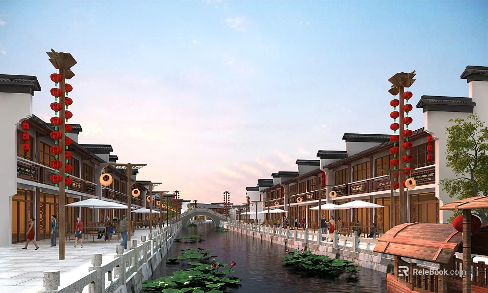 Traditional Style Commercial Street With Red Lanterns Water Canal Lotus Leaves And Pedestrians 3d model 