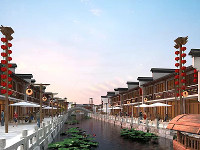 Traditional Style Commercial Street With Red Lanterns Water Canal Lotus Leaves And Pedestrians 3d model