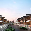 Traditional Style Commercial Street With Red Lanterns Water Canal Lotus Leaves And Pedestrians