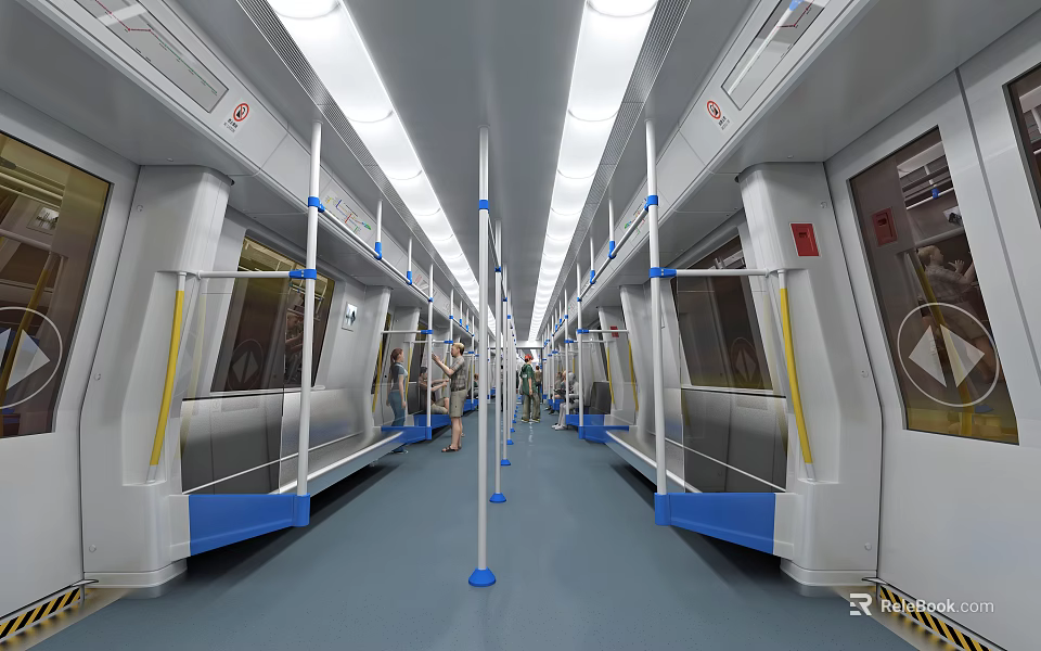 Subway Train Interior With Passengers Seats Handrails And Blue Floor Lighting 3d model 