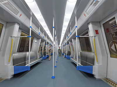 Subway Train Interior With Passengers Seats Handrails And Blue Floor Lighting 3d model