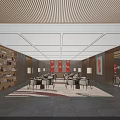 Modern Chinese Style Lounge Area Interior With Wooden Screens Bookshelves And Seating