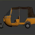 Orange Three Wheeled Tuk Tuk Vehicle With Brown Canopy And Green Seats