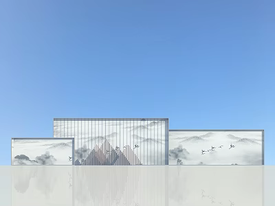 Scenic Wall With Ink Wash Landscape Painting And Layered Design In Blue Sky Background 3d model