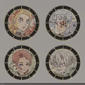 Anime Character Circular Badges With Floral Patterns And Black Gold Borders 3d model