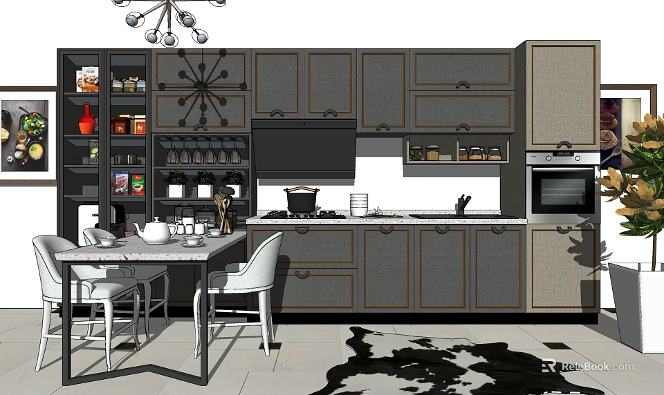 Modern Kitchen Interior With Gray Cabinets Island Counter And Dining Table 3d model 