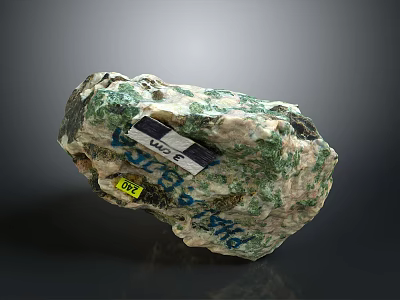 Natural Rough Mineral Stone With Green White Texture And Labeled Tags 3d model