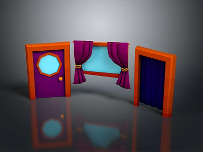 Purple Door With Circular Window Golden Handle And Window With Purple Curtains Orange Frames 3d model