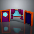 Purple Door With Circular Window Golden Handle And Window With Purple Curtains Orange Frames