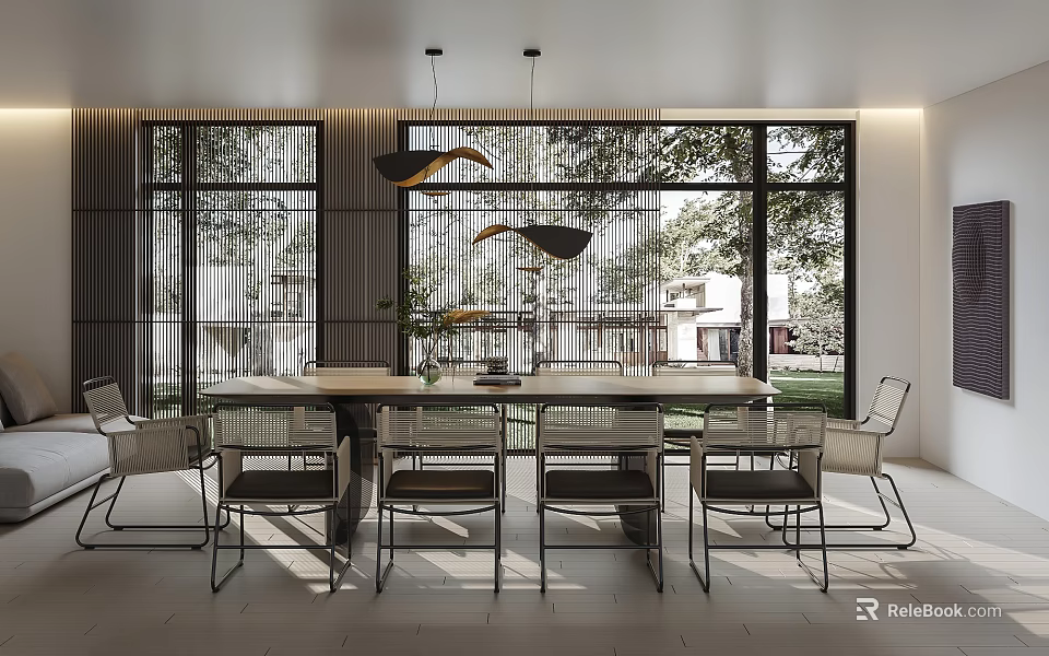 Modern Restaurant Interior With Large Windows Natural Light Dining Table And Pendant Lights 3d model 
