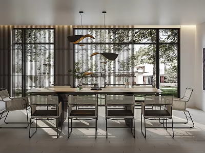 Modern Restaurant Interior With Large Windows Natural Light Dining Table And Pendant Lights 3d model