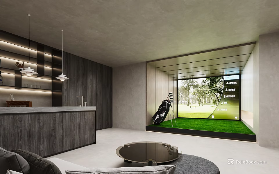 Modern Entertainment Room Design With Golf Simulator Wooden Wall Round Coffee Table And Comfortable Sofa 3d model 
