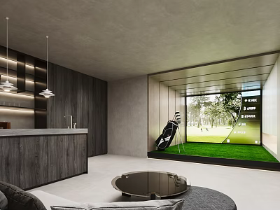 Modern Entertainment Room Design With Golf Simulator Wooden Wall Round Coffee Table And Comfortable Sofa 3d model