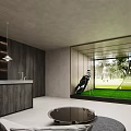 Modern Entertainment Room Design With Golf Simulator Wooden Wall Round Coffee Table And Comfortable Sofa