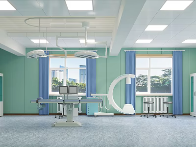 Modern Hospital Outpatient Operating Room With Hanging Surgical Lights Operating Table And Green Walls 3d model