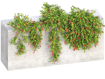 Lush Green Vines With Red Blooms Trailing Down Stone Wall Surface 3d model
