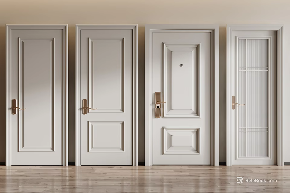 White Hinged Doors With Various Panel Designs And Golden Handles For Interior Spaces 3d model